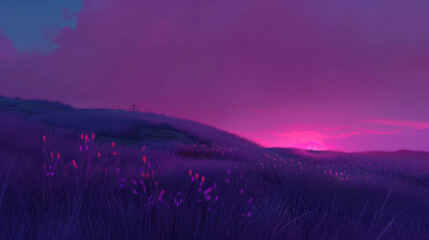 Stunning landscape featuring purple and magenta sky during dramatic sunset over rolling hills, with vibrant flowers in foreground