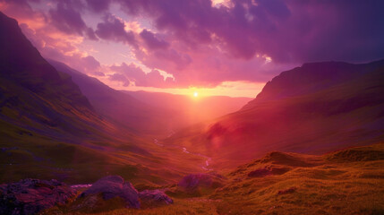 Breathtaking sunset over valley with purple and magenta sky, casting warm glow on landscape, creating serene atmosphere
