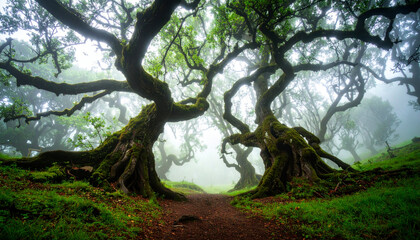 Fototapeta premium Enchanted Forest Path Mystical Fog, Ancient Trees, Lush Greenery