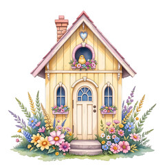 Charming birdhouse decor floral garden illustration whimsical front view nature inspired design