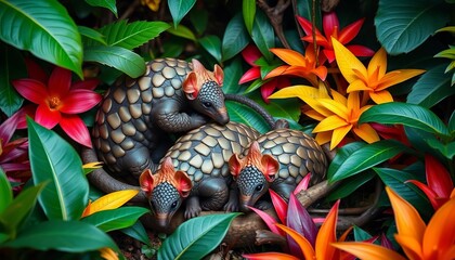 Obraz premium Playful pangolins tumbling amongst vibrant jungle flora, arboreal, wildlife photography