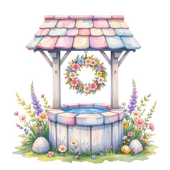 Charming floral wishing well enchanted garden illustration vibrant nature ground level whimsy and serenity