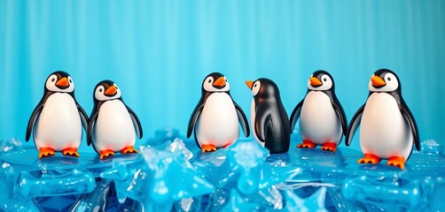 Playful penguin figurines on vibrant blue, icy decor, snow, ice crystals