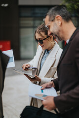 Two individuals discussing and analyzing documents. The outdoor setting and their attire emphasize...