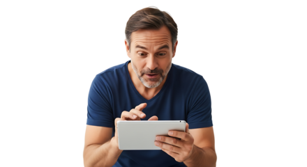 Man using tablet with surprised expression indoors on white background