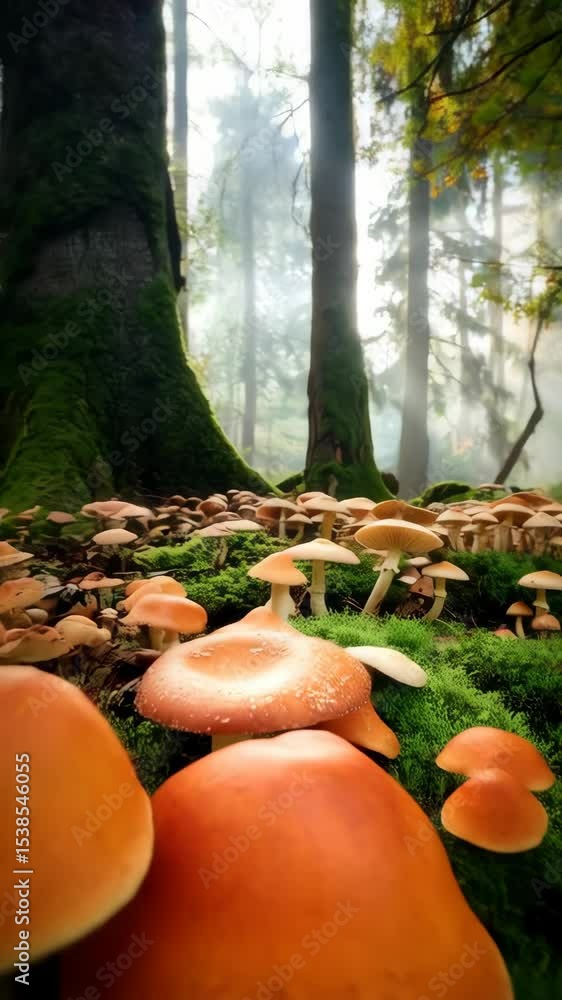 Poster dense forest scene featuring an abundance of mushrooms growing on mossy ground with light rays filte