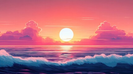 Serene Sunset Over Calm Ocean Waves with Vibrant Colors and Fluffy Clouds in the Sky