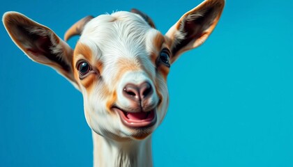 Obraz premium Playful young goat with curious gaze, cheerful expression against vibrant blue backdrop, vibrant, bright