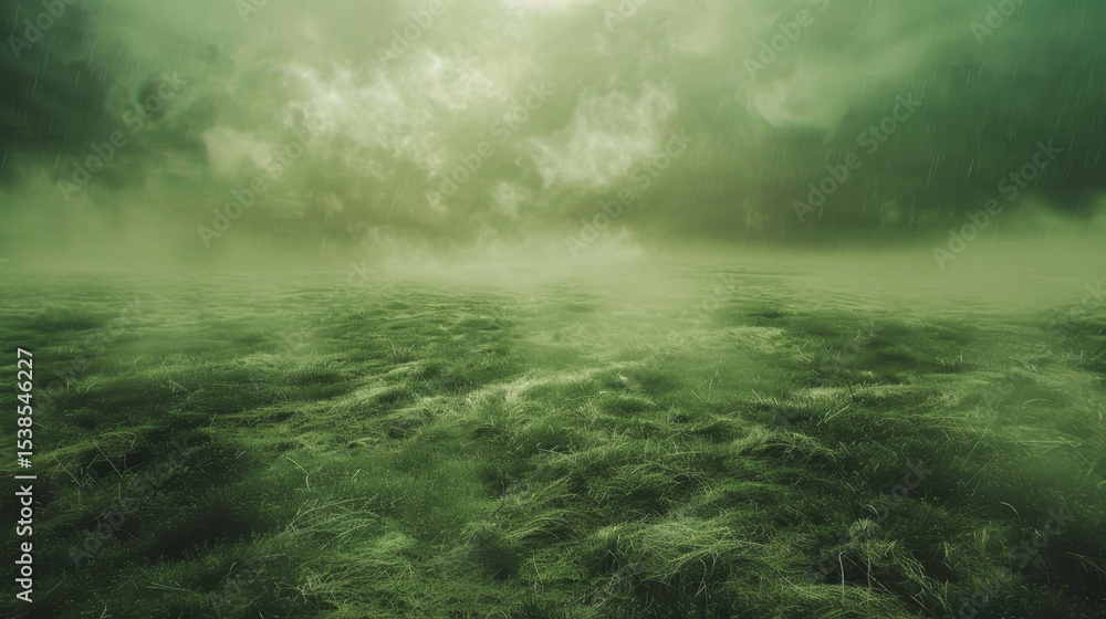 Poster serene green field under moody sky with rain falling softly, creating tranquil atmosphere and sense 