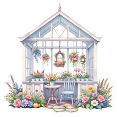 Garden greenhouse setup cozy corner illustration floral display serene atmosphere peaceful view