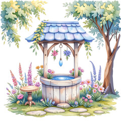Charming garden well surrounded by colorful flowers vibrant nature scene digital art serene environment close-up view