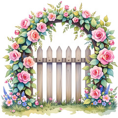 Floral archway with roses at wooden fence garden illustration nature close-up serenity and beauty