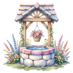 Charming garden well with floral basket vibrant nature scene illustrative art serene environment whimsical viewpoint
