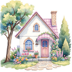 Charming cottage blooms with flowers serene garden illustration vibrant colors front view tranquility and beauty