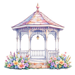 Serene gazebo surrounded by colorful flowers garden setting illustration calm atmosphere aesthetic perspective
