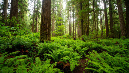 Lush Green Forest, Ferns, and Ancient Trees A Pacific Northwest Rainforest