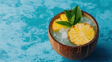 A tropical drink with pineapple slices and mint leaves served in a coconut shell on a blue textured background.