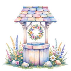 Charming floral well with colorful roof serene garden setting digital illustration whimsical atmosphere
