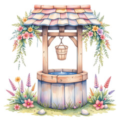 Charming water well surrounded by flowers garden illustration serene outdoor nature concept
