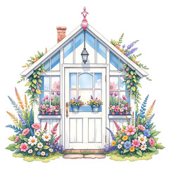 Charming flower-adorned cottage serene garden illustration bright and colorful front view tranquility and nature