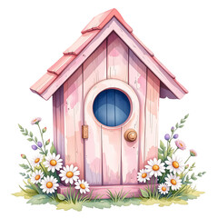 Charming birdhouse design garden illustration floral setting front view whimsical concept for nature lovers