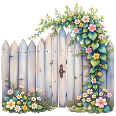 Floral vines climbing wooden fence garden illustration outdoor eye-level nature's serenity
