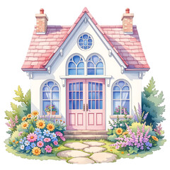 Charming cottage with colorful flowers quaint garden illustration springtime front view whimsical design