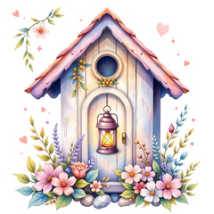 Charming birdhouse with lantern and flowers nature scene digital art whimsical environment close-up home concept