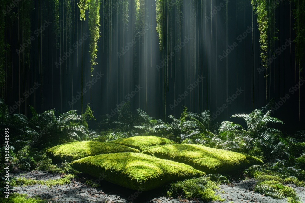 Poster mystical forest floor awakens illuminated by emerald light in a serene and enchanting setting showca