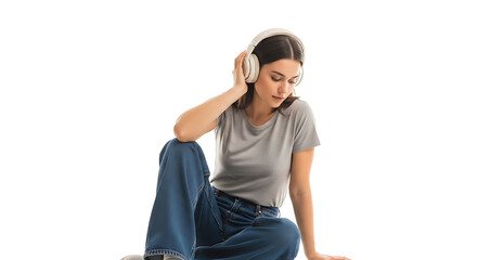 Woman Listening with Headphones in Casual Wear on White