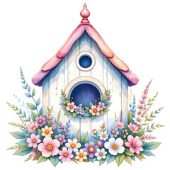 Charming birdhouse design surrounded by colorful flowers nature scene digital art vibrant and whimsical