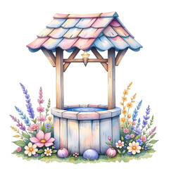 Charming floral well decoration enchanted garden digital art colorful environment close-up view whimsical concept