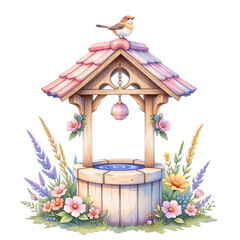 Whimsical bird on a charming well surrounded by blossoms fantasy garden digital art bright and cheerful captivating concept