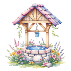 Charming wooden well surrounded by colorful flowers idyllic garden digital illustration serene environment whimsical style