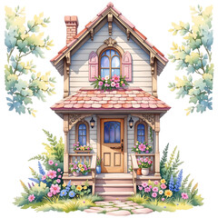 Charming cottage house suburban neighborhood illustration floral garden front view home inspiration