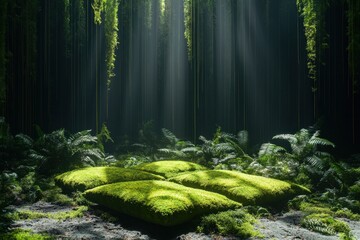 Mystical forest floor awakens illuminated by emerald light in a serene and enchanting setting showcasing verdant moss and lush ferns