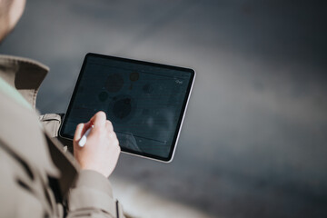 A person holds a tablet, interacting with data visualization using a stylus, representing...