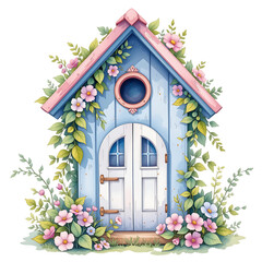 Charming garden cottage with flowers outdoor scene digital art whimsical style close-up view nature inspiration