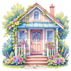 Charming flower-adorned cottage vibrant garden digital illustration serene atmosphere front view cozy aesthetic