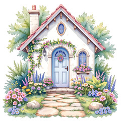 Charming cottage surrounded by vibrant flowers garden pathway digital art idyllic setting front view home serenity
