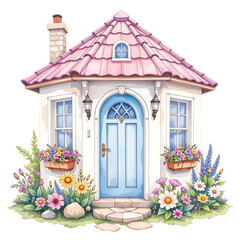 Charming cottage with colorful flowers quaint village digital illustration springtime front view home aesthetics