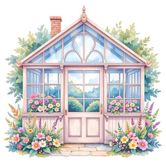 Beautiful greenhouse displaying colorful flowers in a garden illustration vibrant serene atmosphere