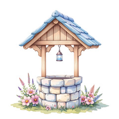 Charming wooden well surrounded by flowers garden illustration peaceful nature whimsical design