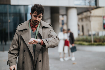 Man in professional attire examining his watch while standing outdoors. The urban location includes...