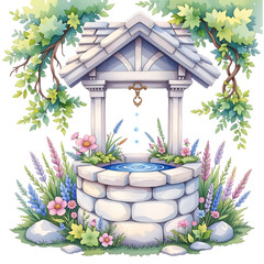 Captivating stone well surrounded by vibrant flowers nature scene artistic illustration serene environment peaceful view