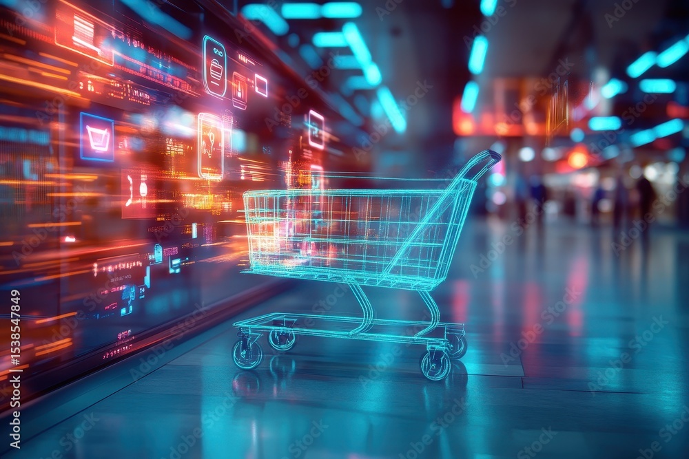 Poster virtual reality shopping cart illuminated by digital data streams in a futuristic cyberspace environ