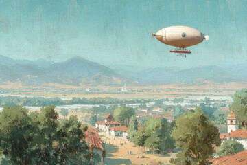 Naklejka premium Vintage airship floats peacefully above sunlit rural town, surrounded by lush trees, distant mountains, and clear blue sky, evoking sense of adventure and tranquility