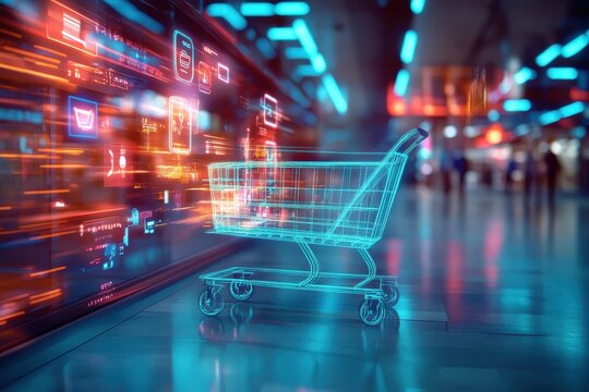 Virtual reality shopping cart illuminated by digital data streams in a futuristic cyberspace environment