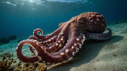 A red octopus resting on the sandy seafloor in clear turquoise ocean waters