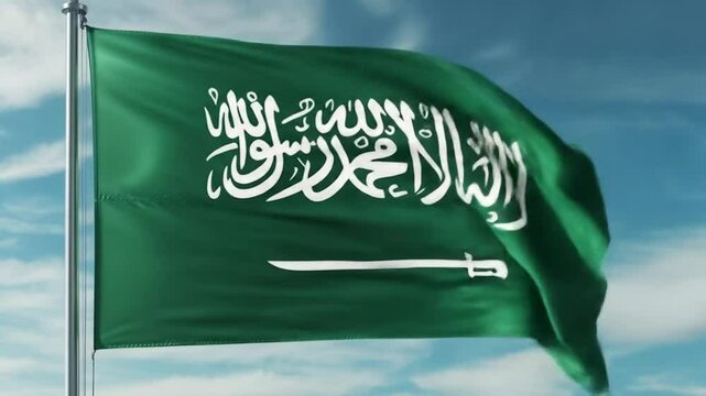Waving Saudi Arabian flag against a clear blue sky, symbolizing national pride